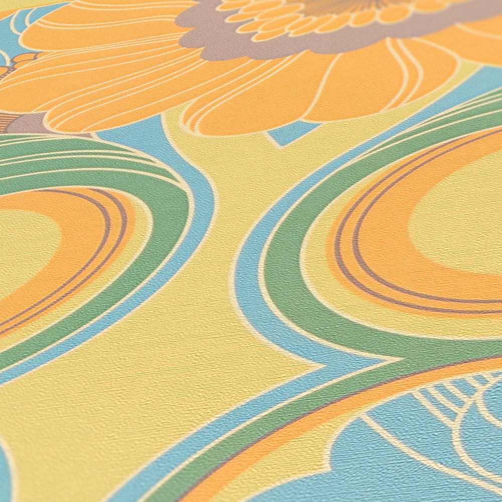            leicht strukturierte Retro Tapete mit floralem Muster – Blau, Gelb, Grün
        
