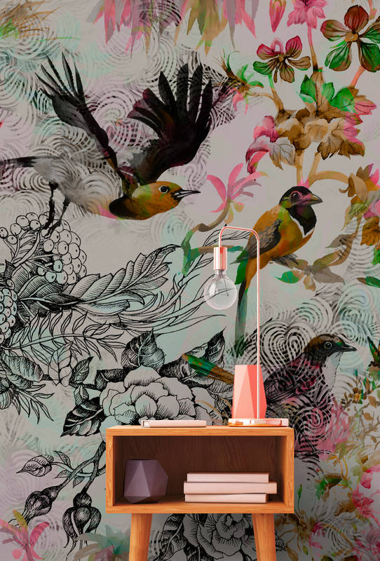             Fototapete Vögel & Blumen im Collage Stil – Grau, Rosa
        