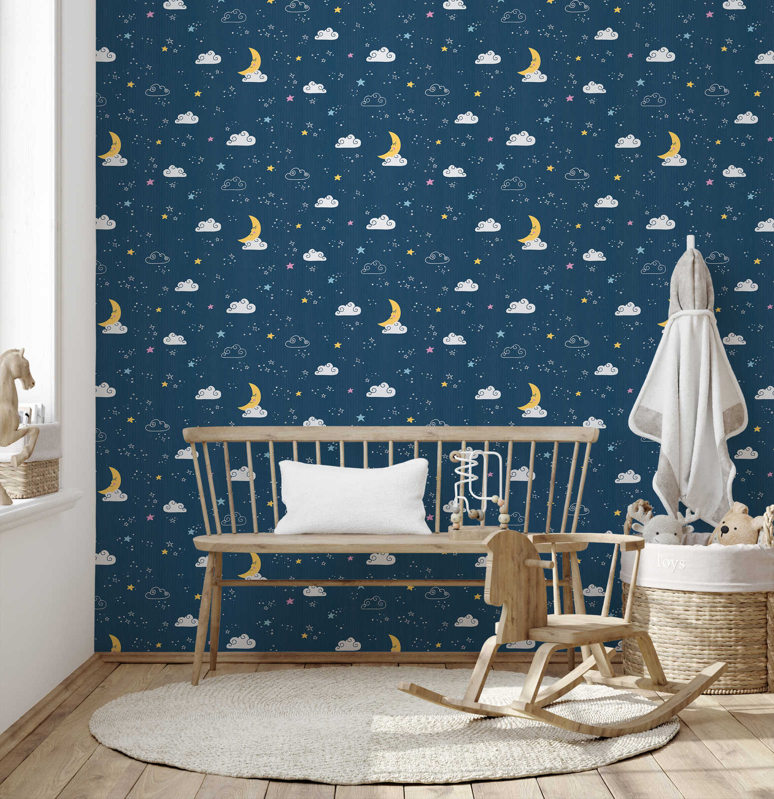             Kinderzimmer Tapete Nachthimmel – Blau, Weiß, Gelb
        