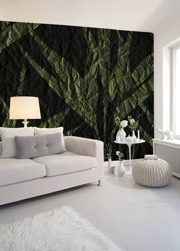             Dunkle Blätter Fototapete mit Papier-Optik – Grün, Schwarz
        