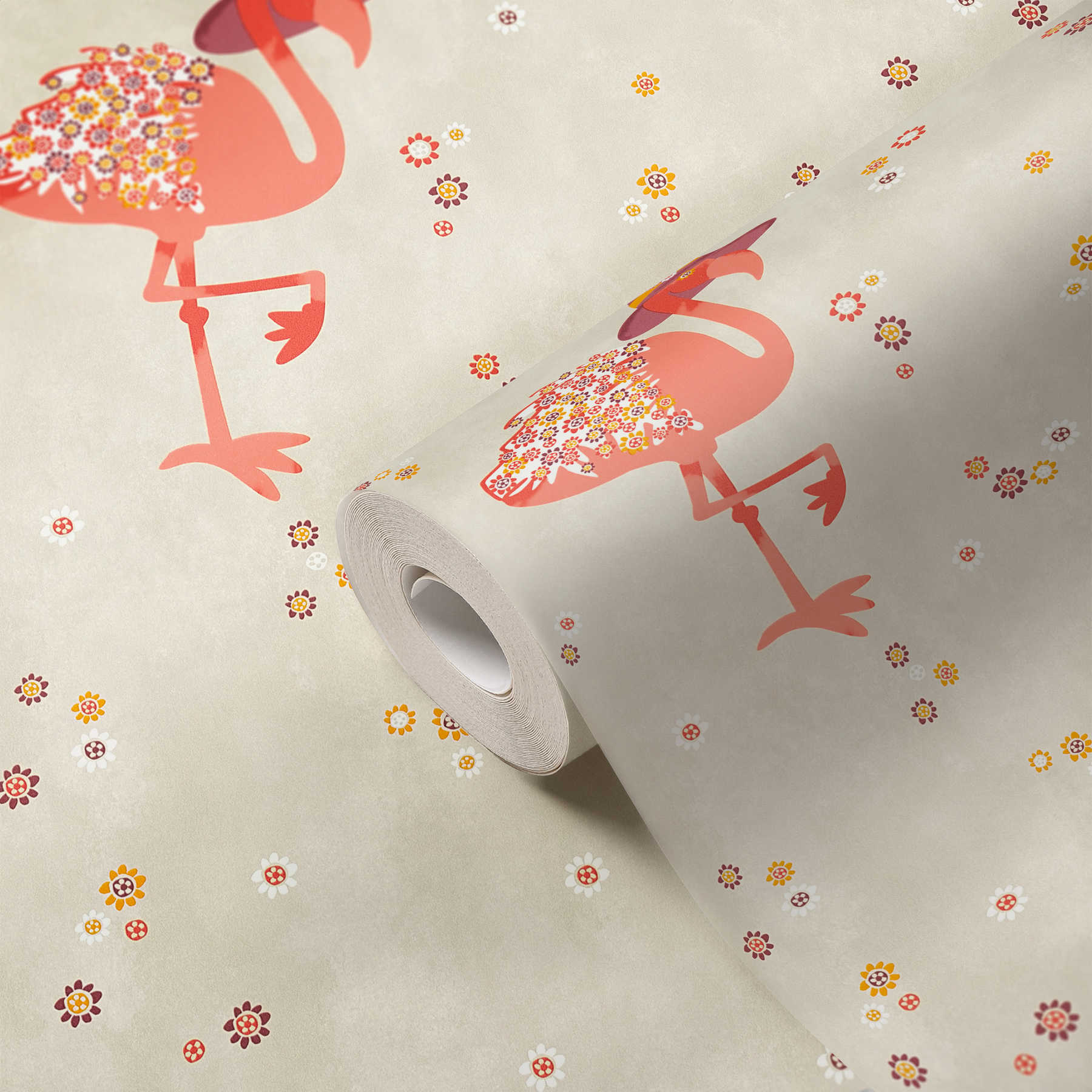             Flamingo Vliestapete mit Blumen Muster für Kinder – Beige, Orange
        