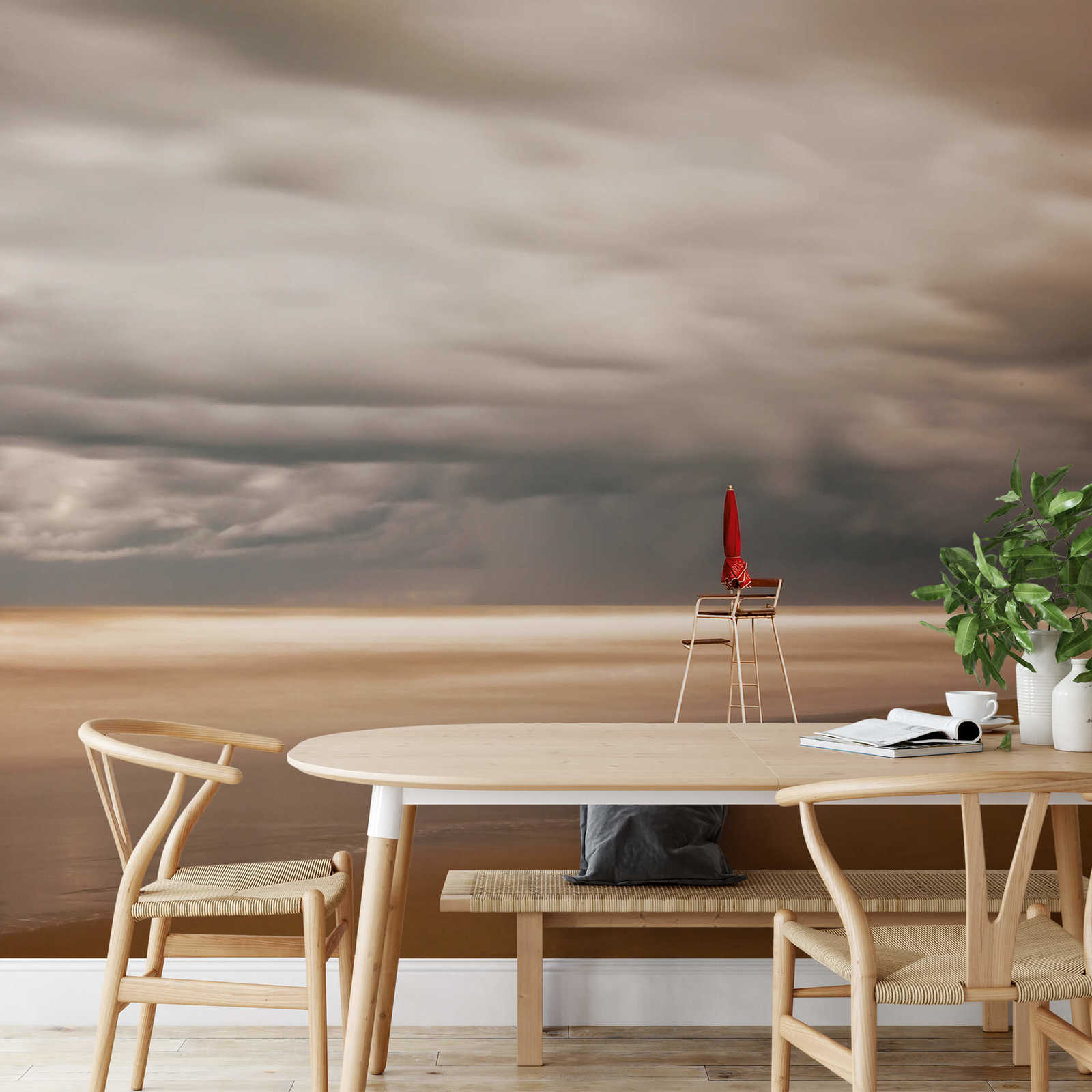             Fototapete Strand mit Stuhl – Creme, Grau
        