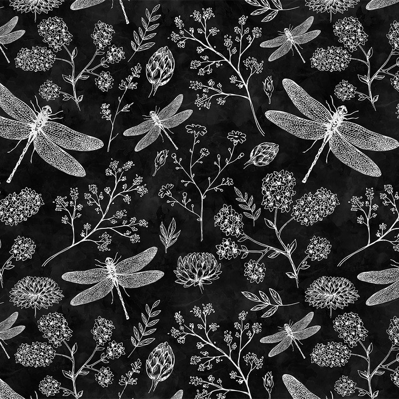Schwarz-Weiß Fototapete Libellen & Blumen
