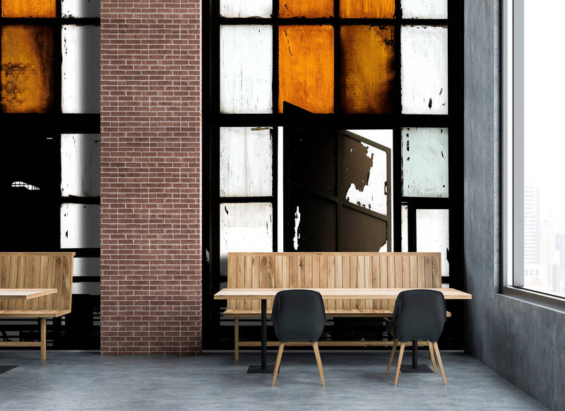             Bronx 2 - Fototapete, Loft mit Buntglas-Fenstern – Orange, Schwarz | Mattes Glattvlies
        