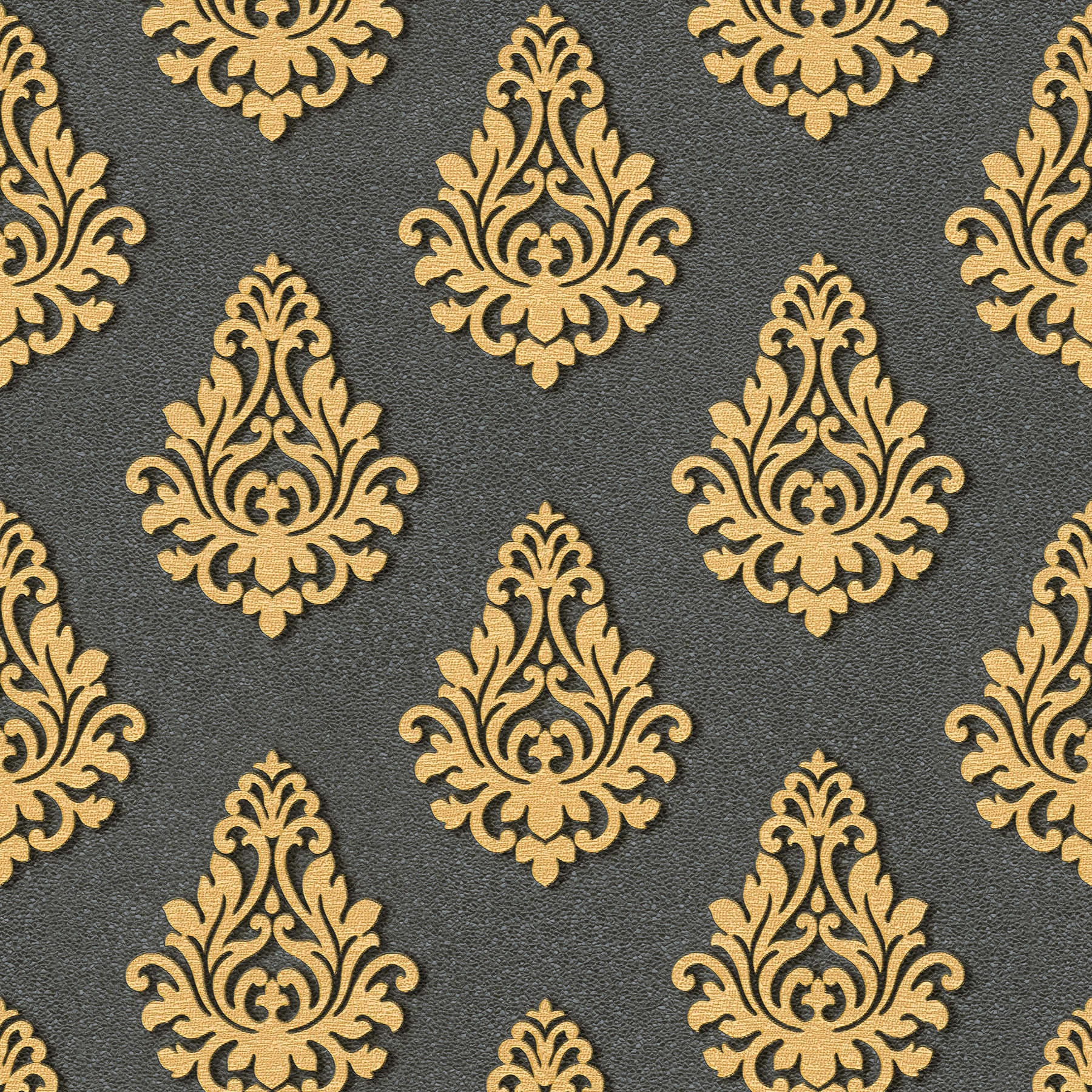 Ornamenttapete mit Metallic Farben & Struktureffekt – Gold, Schwarz
