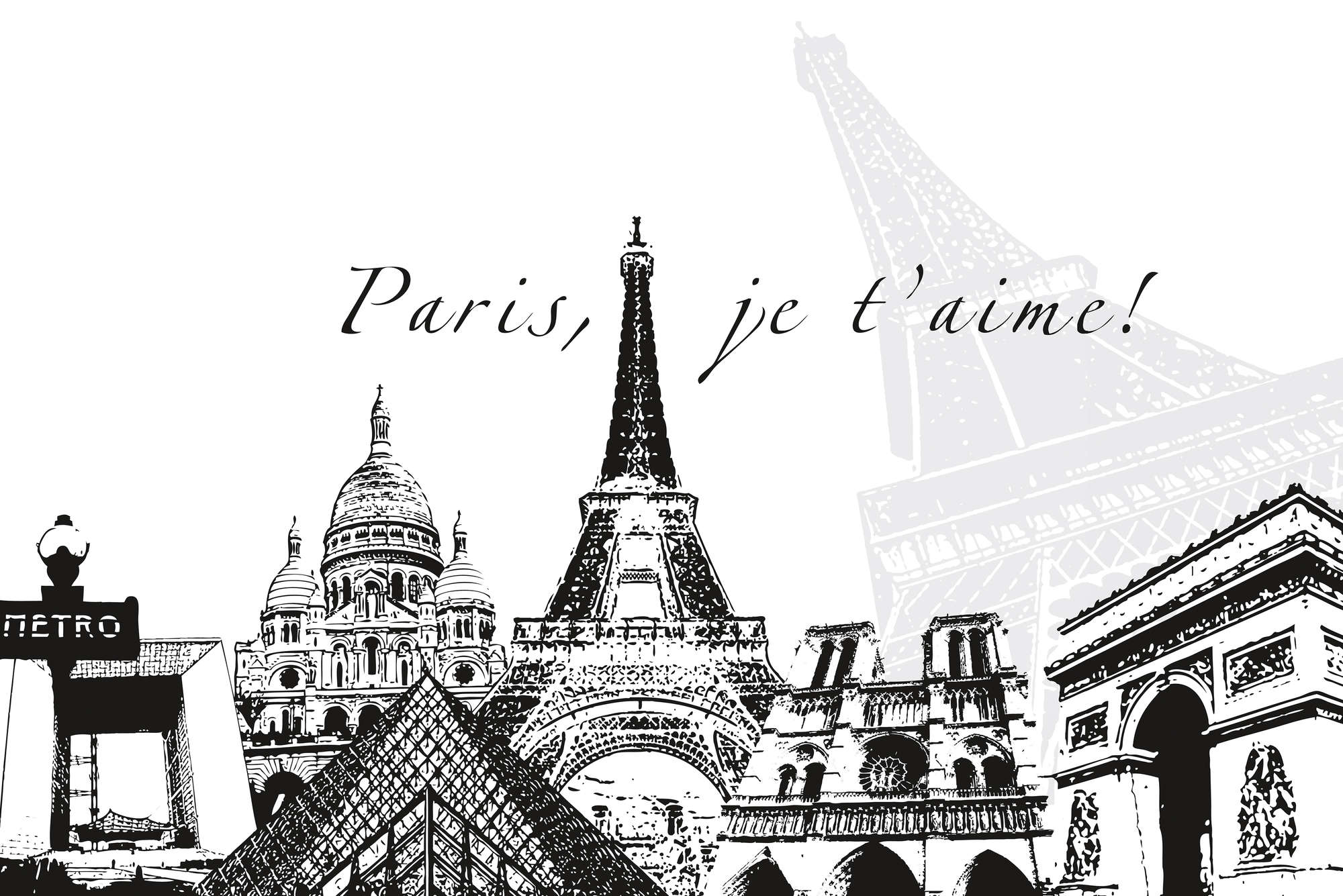             Fototapete Paris mit Wahrzeichen und Schriftzug – Premium Glattvlies
        