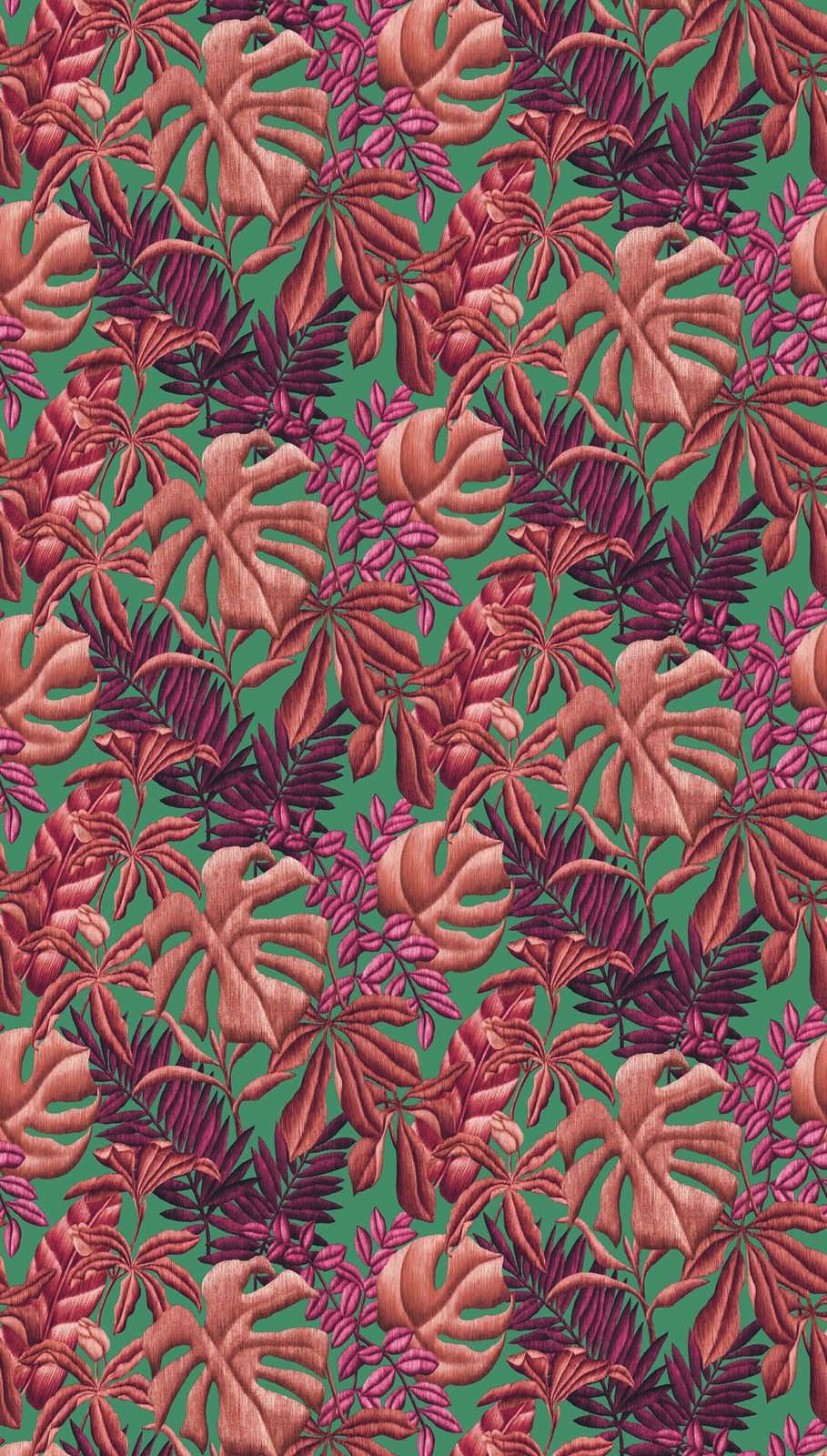             Tapete mit großflächigen Blattmuster Farn & Bananenblätter – Rot, Orange, Türkis
        