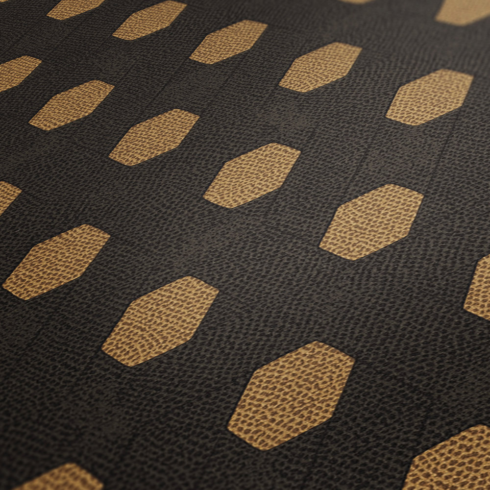             Elegant Uni-Tapete mit goldenem Muster – Schwarz, Gold, Braun
        