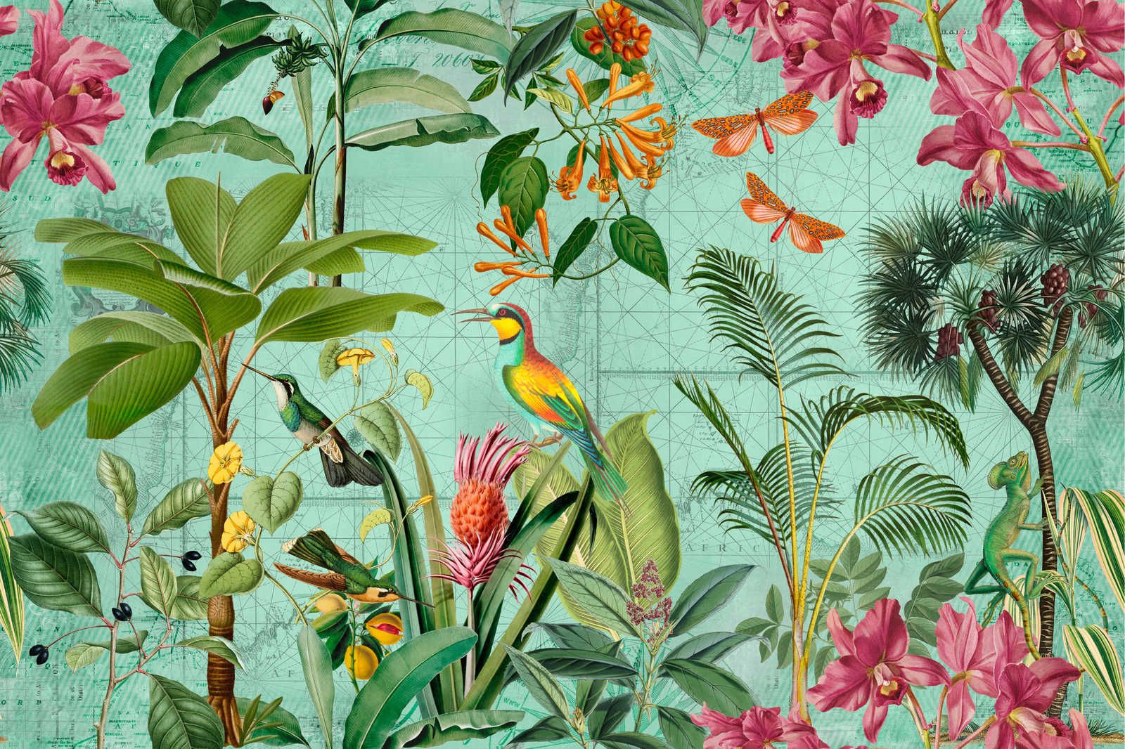             Buntes Dschungel Leinwandbild mit Bäumen, Blüten & Tieren – 1,20 m x 0,80 m
        