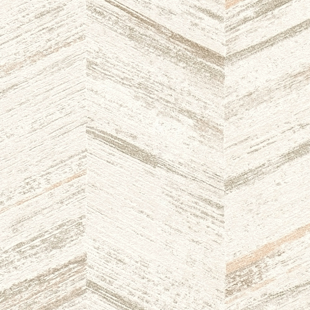             Tapete Holzoptik Streifen mit Fischgrät Effekt – Weiß, Creme
        