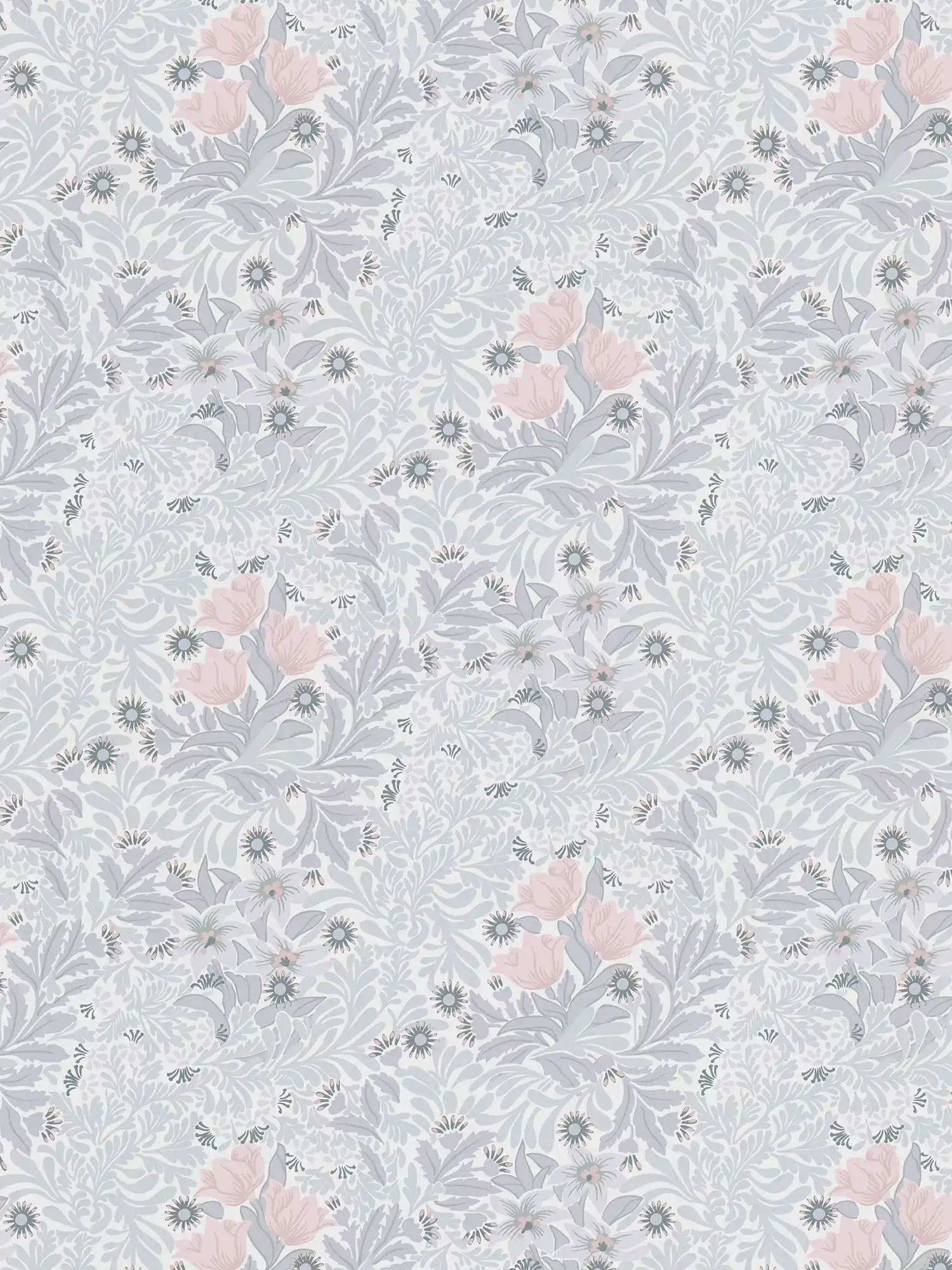         Vliestapete mit floralem Muster in sanften Farbtönen – Grau, Rosa, Weiß
    