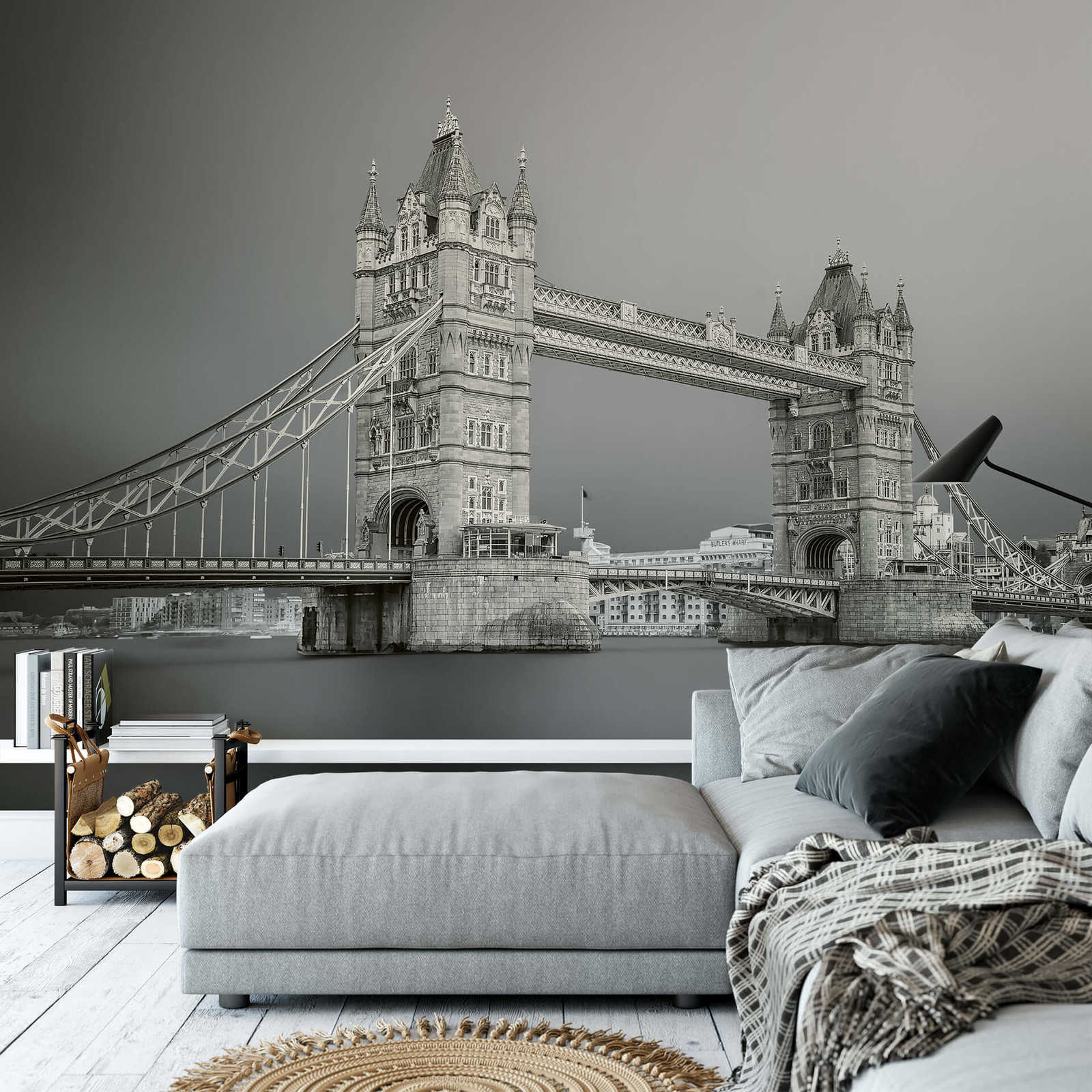             Fototapete Tower Bridge London – Grau, Weiß, Schwarz
        