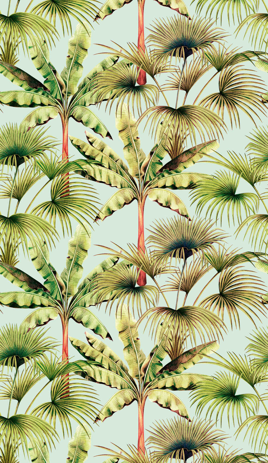             Bunte Vliestapete mit Blättermuster – Hellblau, Grün, Rot
        