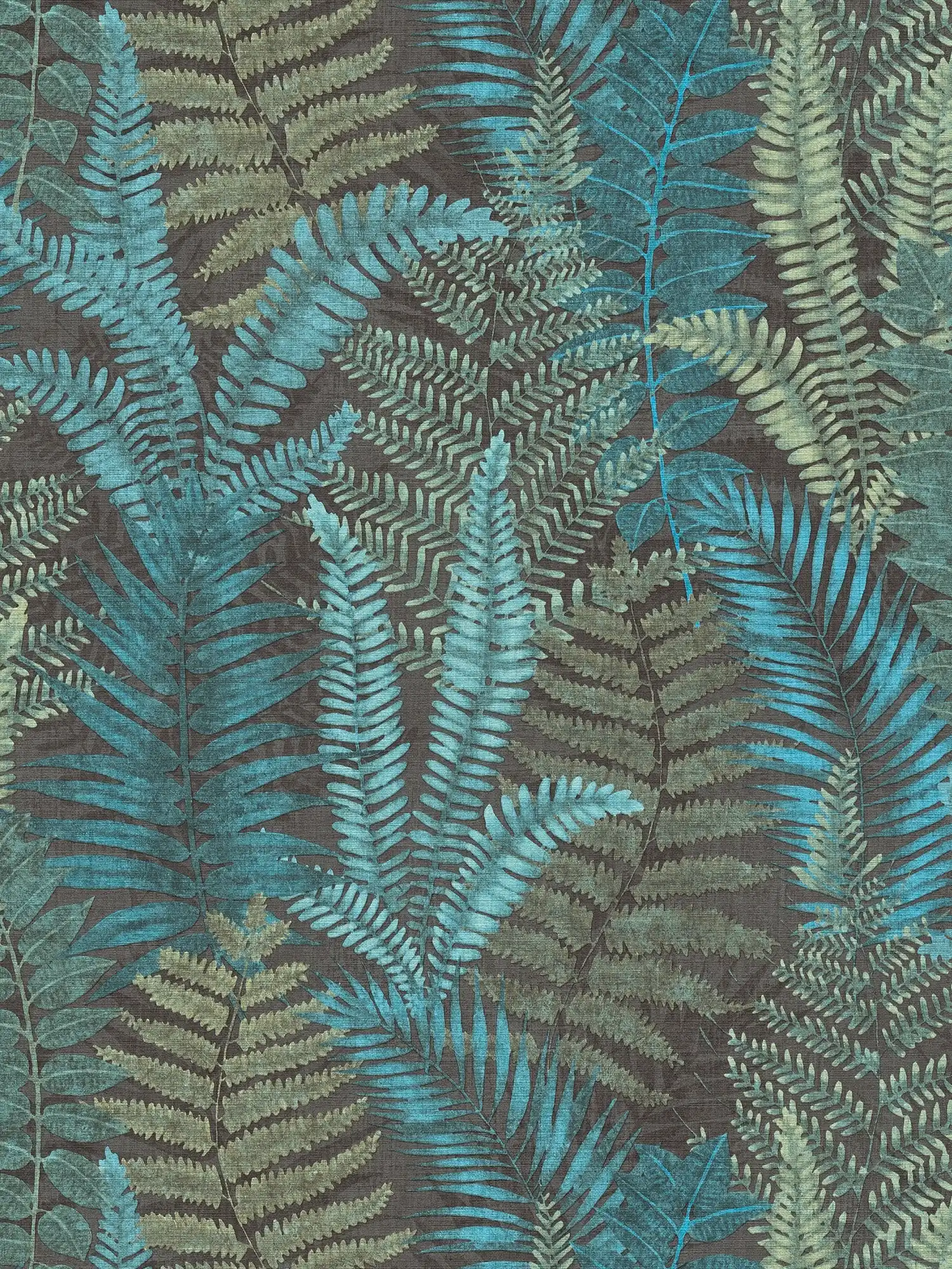 Vliestapete floral mit Farnblättern leicht strukturiert, matt – Schwarz, Blau, Grün
