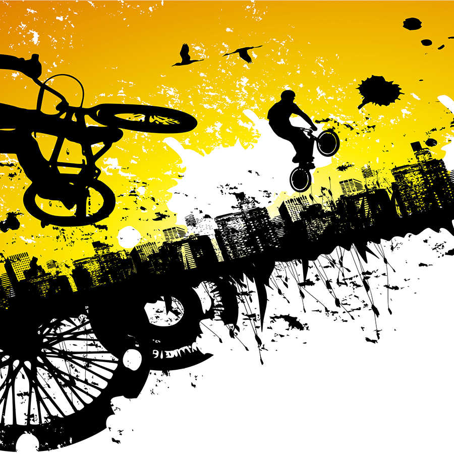 Graffiti Fototapete BMX Fahrer mit Skyline auf Strukturvlies
