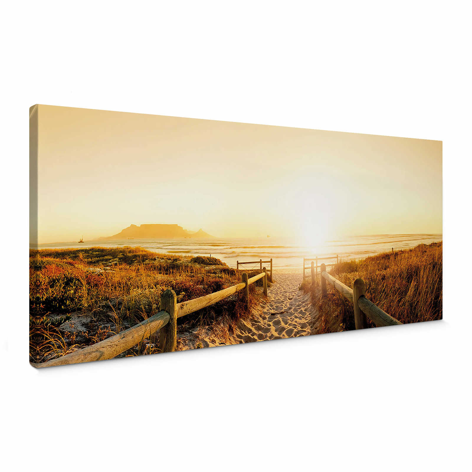         Panorama Keilrahmen vom Sonnenuntergang am Strand in Braun, Orange – 1,00 m x 0,40 m
    