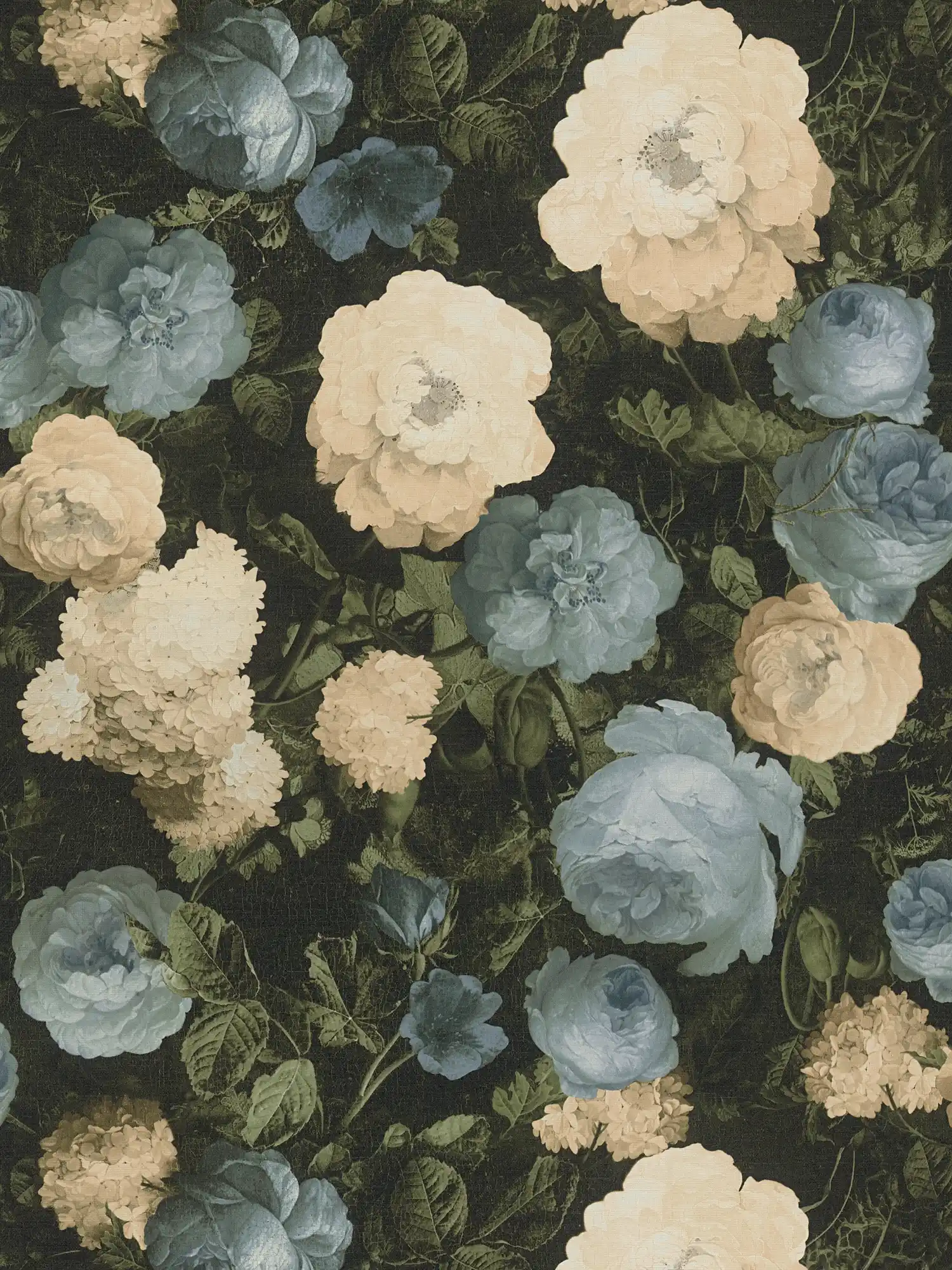 Rosen-Tapete, klassisches Blütenmuster – Blau, Grün, Creme
