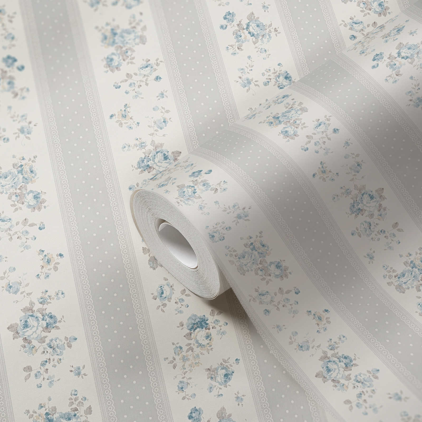            Vliestapete mit gepunkteten und floralen Streifen – Grau, Weiß, Blau
        