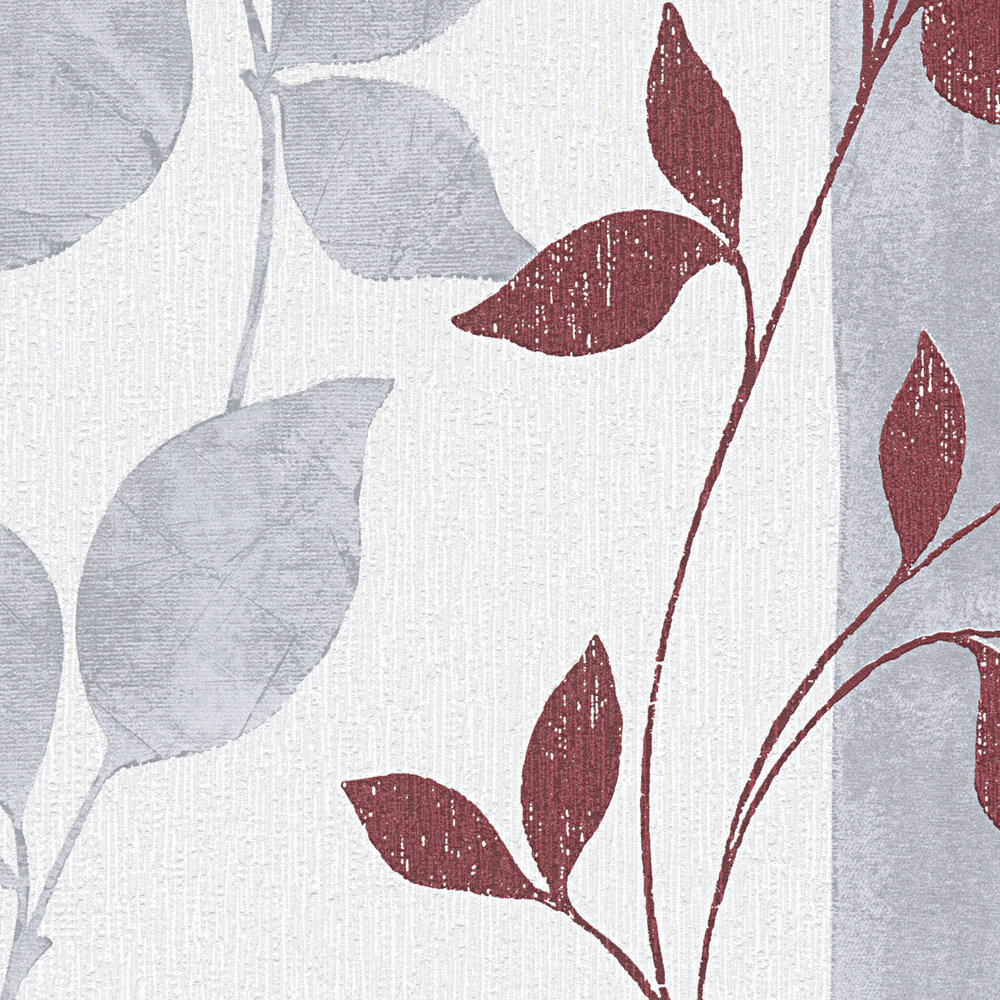             Strukturtapete Blätterranken & Streifen – Rot, Grau
        