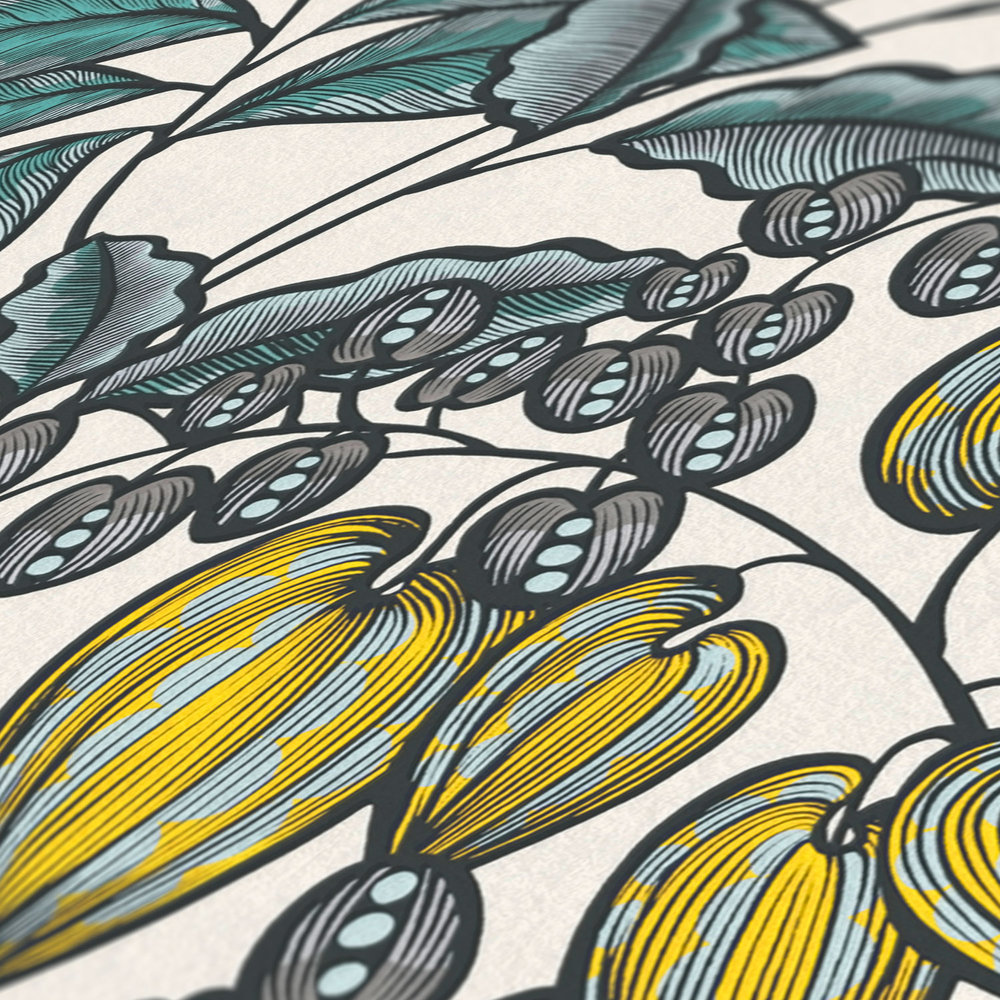             Vliestapete Blätter Design im Scandi Look – Blau, Weiß, Gelb
        