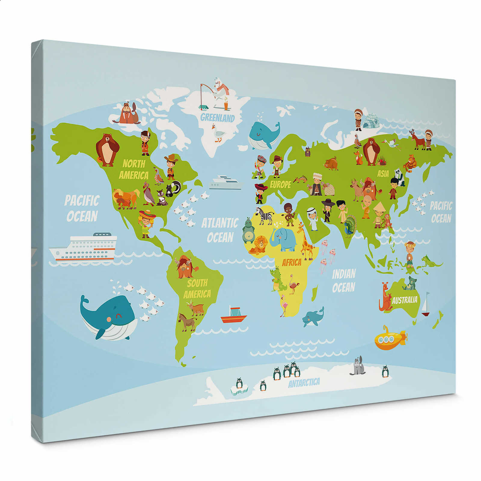 Weltkarte Leinwandbild mit Tieren und Menschen – 0,70 m x 0,50 m
