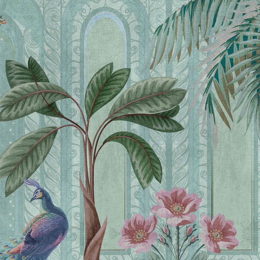             Fototapete »pavo« - Vögel, Palmen & Brunnen – Grün, Blau mit Gobelinstruktur | Mattes, Glattes Vlies
        
