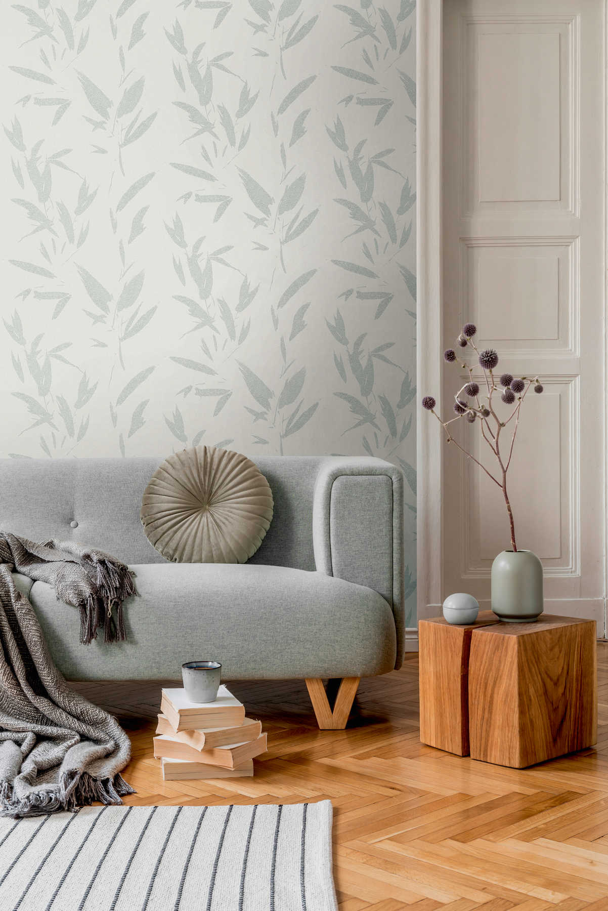             Vliestapete Blättermotiv abstrakt, Textiloptik – Weiß, Creme, Grau
        