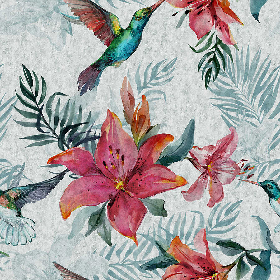 Grafik Fototapete Dschungel Blumen mit Vögeln auf Premium Glattvlies

