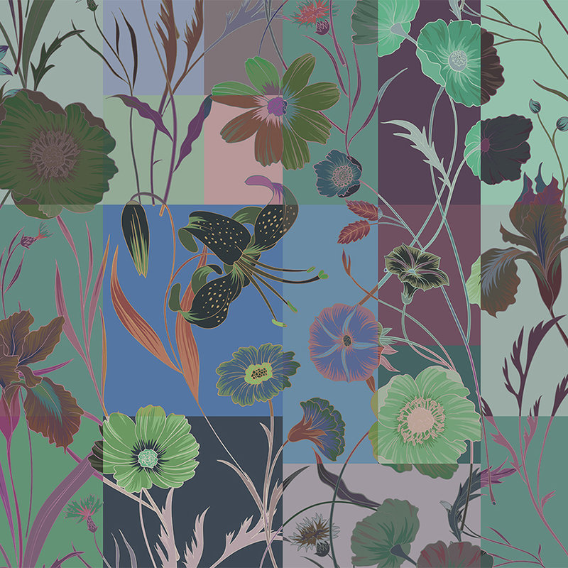 Floral patch 2 - Blumen Fototapete mit Farben Patchwork – Blau, Grün | Mattes Glattvlies
