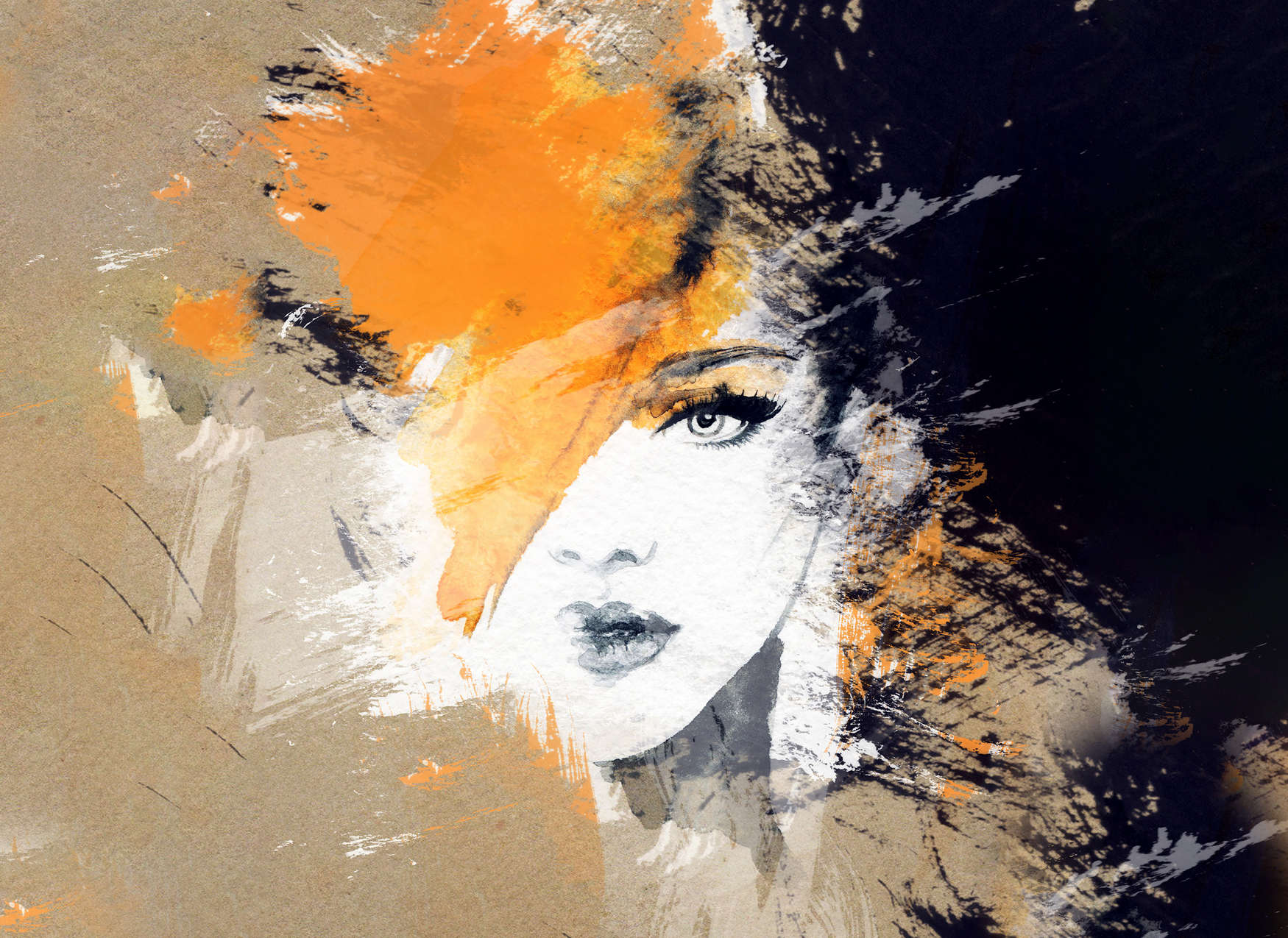            Fototapete mit abstrakter Zeichnung einer Frau – Beige, Orange, Schwarz
        