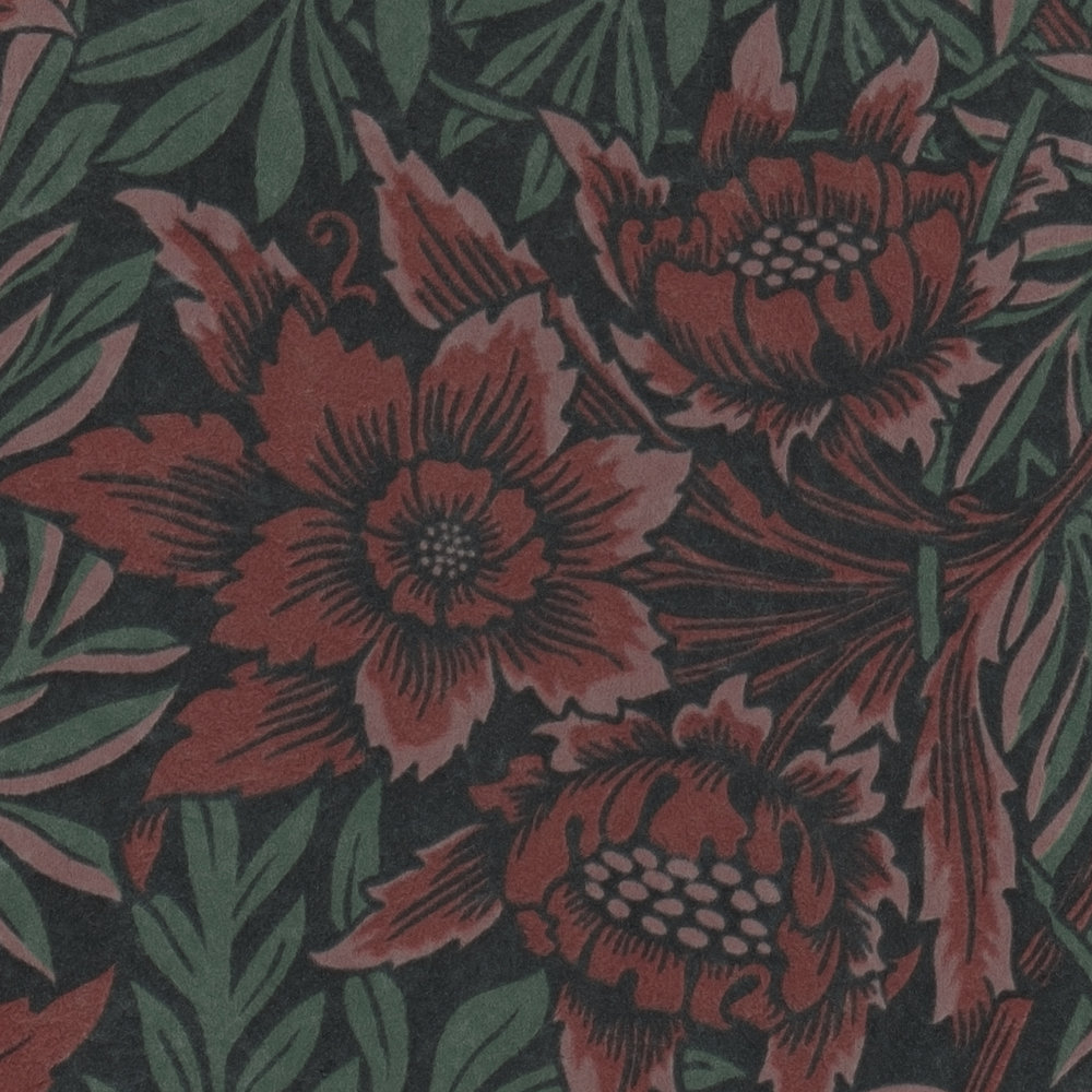             Vliestapete mit floralem Muster große Blüte und Ranken – Grün, Rot, Schwarz
        