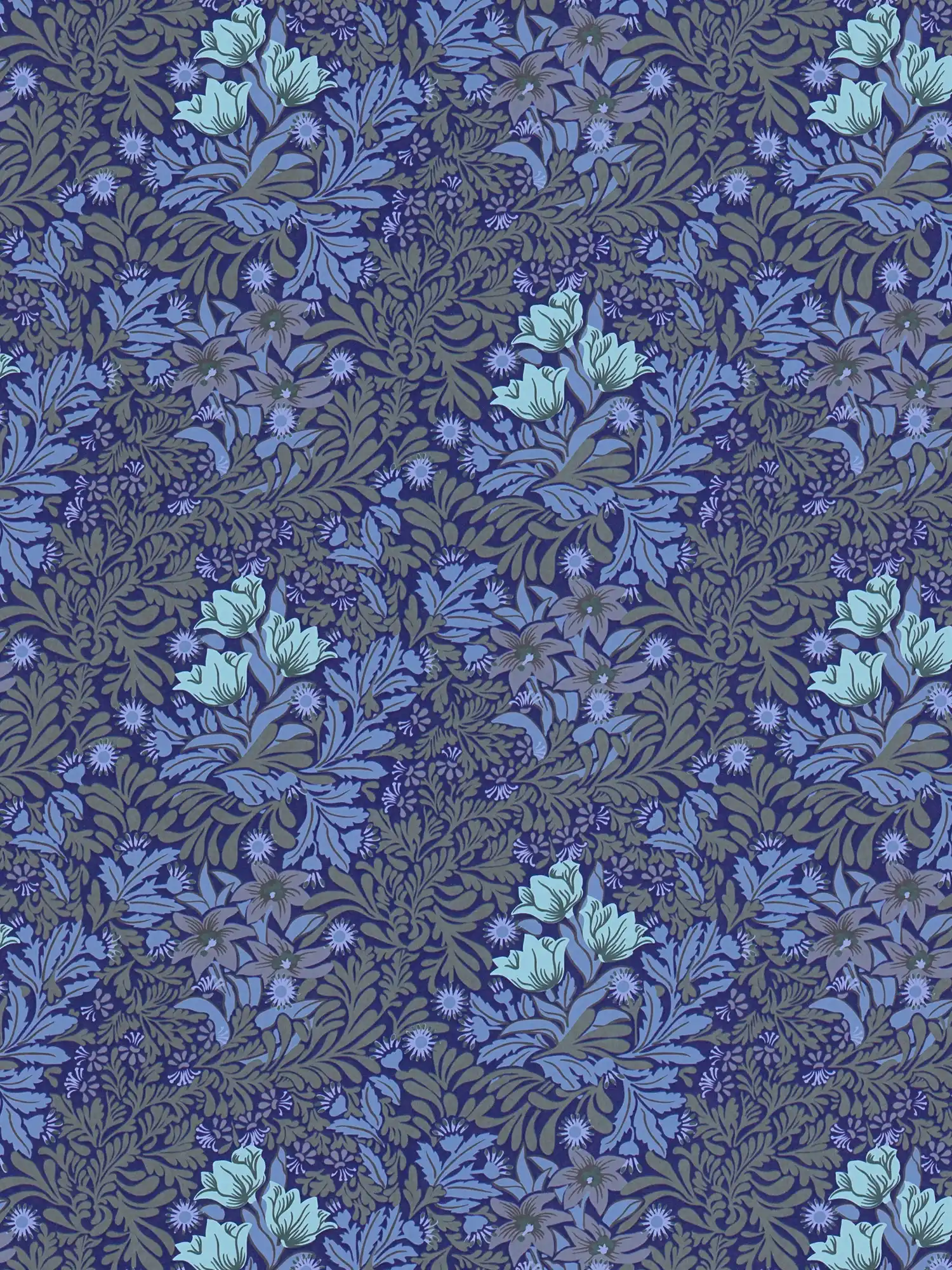 Floral Vliestapete mit Blätterranken und Blüten – Blau, Grau, Grün

