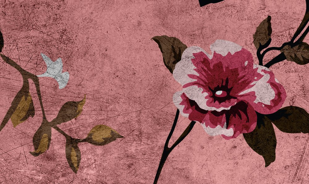             Wild roses 4 - Rosen Fototapete im Retrolook, Rosa in kratzer Struktur – Rosa, Rot | Premium Glattvlies
        