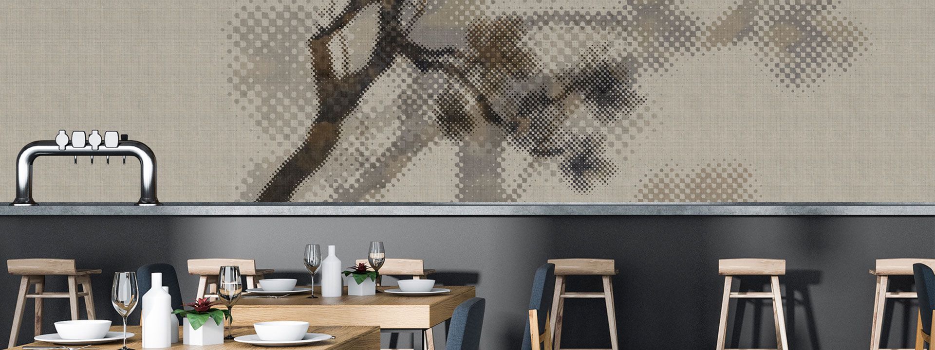 Kantinen-Bar vor tapezierter Wand mit minimalistischem Natur Design DD114197