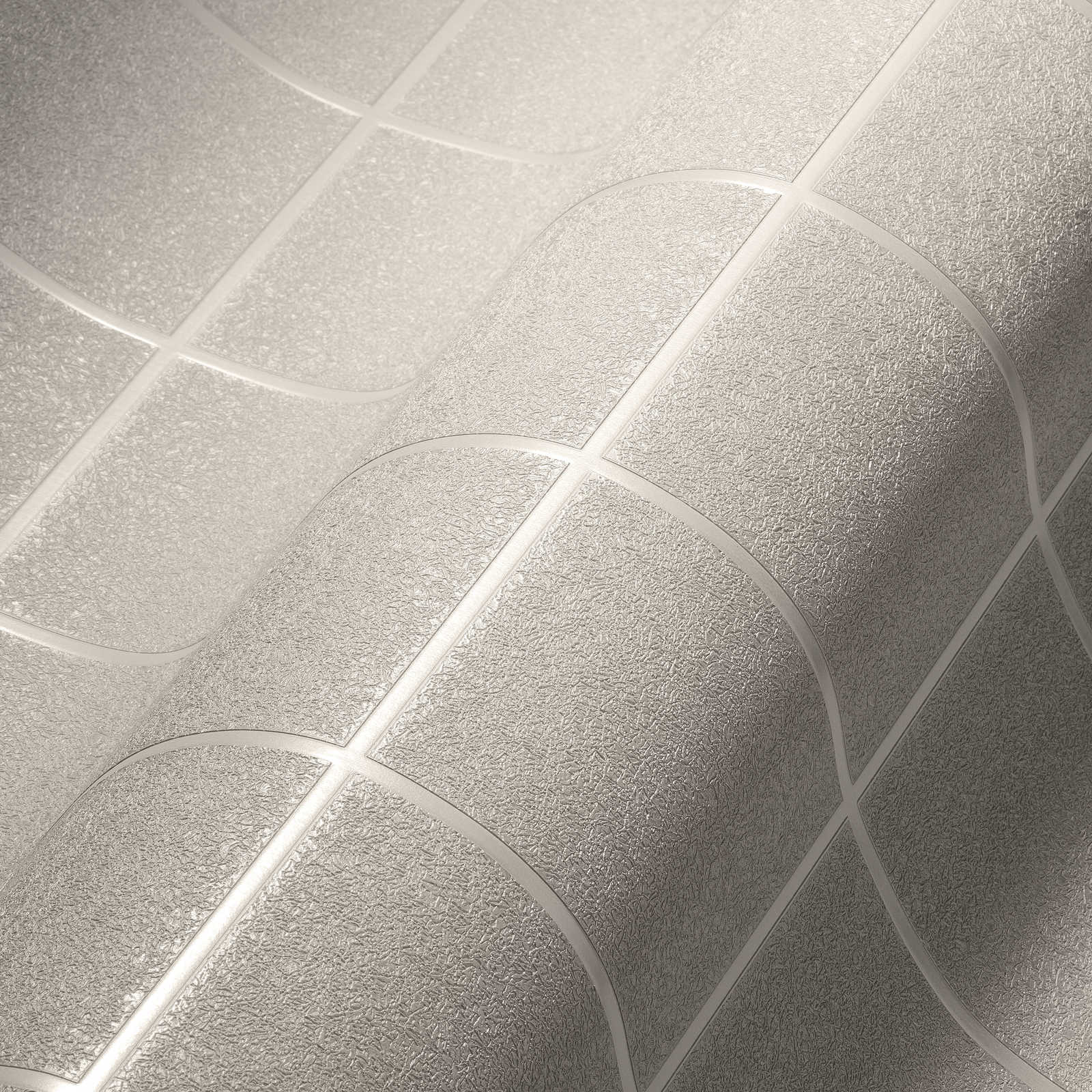             Tapete mit Fliesenmuster und 3D-Effekt, meliert – Silber, Grau, Weiß
        