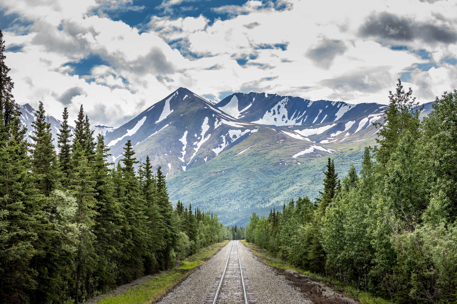             Leinwandbild mit Zuggleisen durch einen Wald am Gebirge – 0,90 m x 0,60 m
        