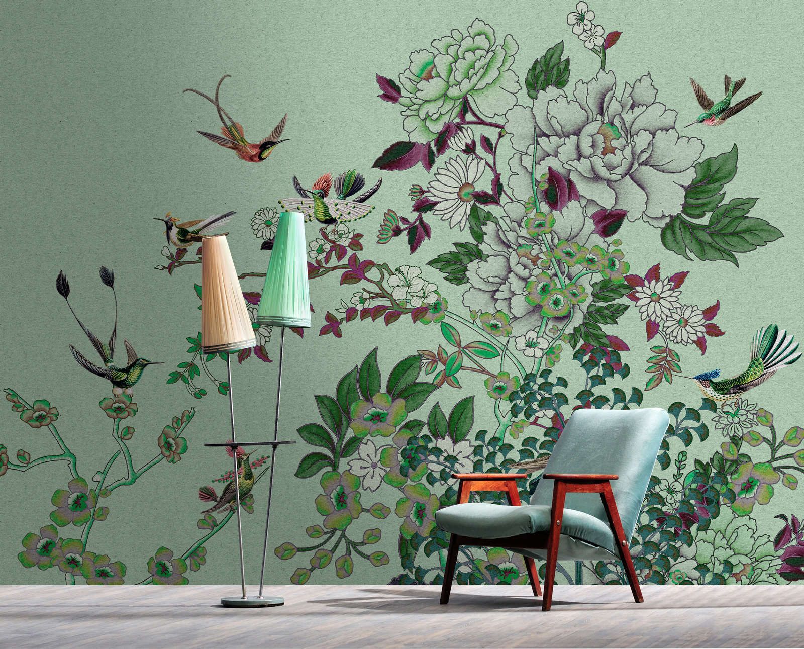             Fototapete »madras 1« - Grünes Blüten-Motiv mit Vögeln auf Kraftpapier-Struktur – Glattes, leicht perlmutt-schimmerndes Vlies
        