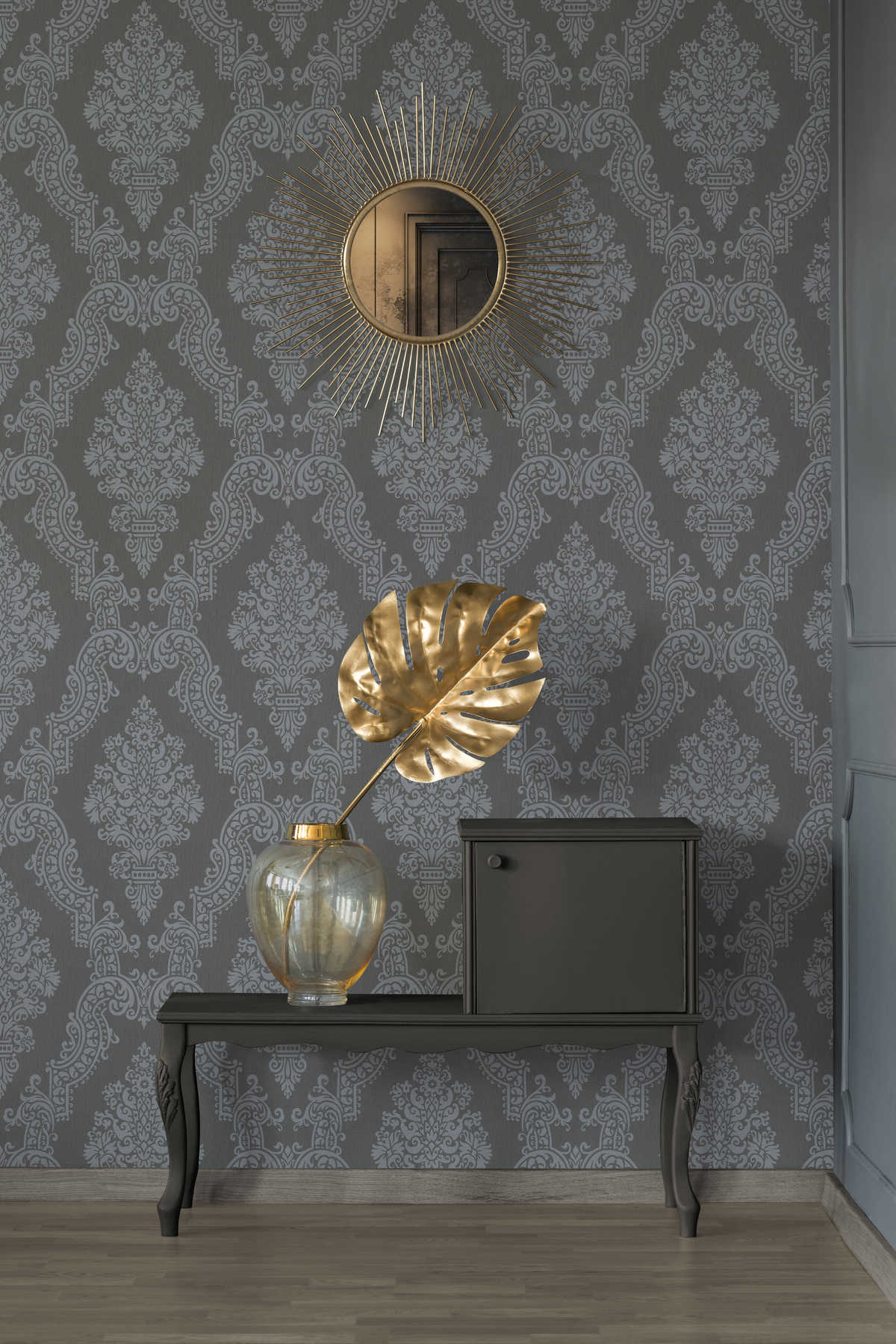             Klassische Ornament-Tapete mit floralem Muster – Grau
        