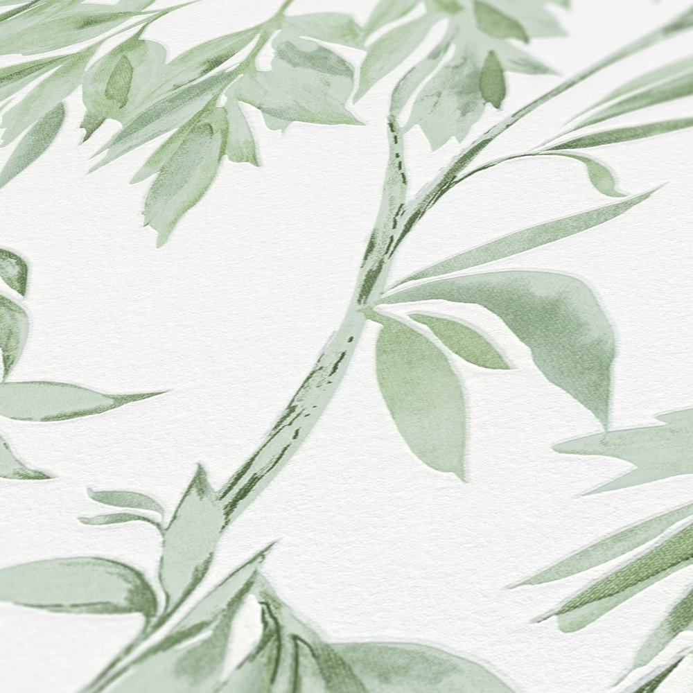             Blätterranken Tapete im Aquarell Stil – Grün, Weiß
        