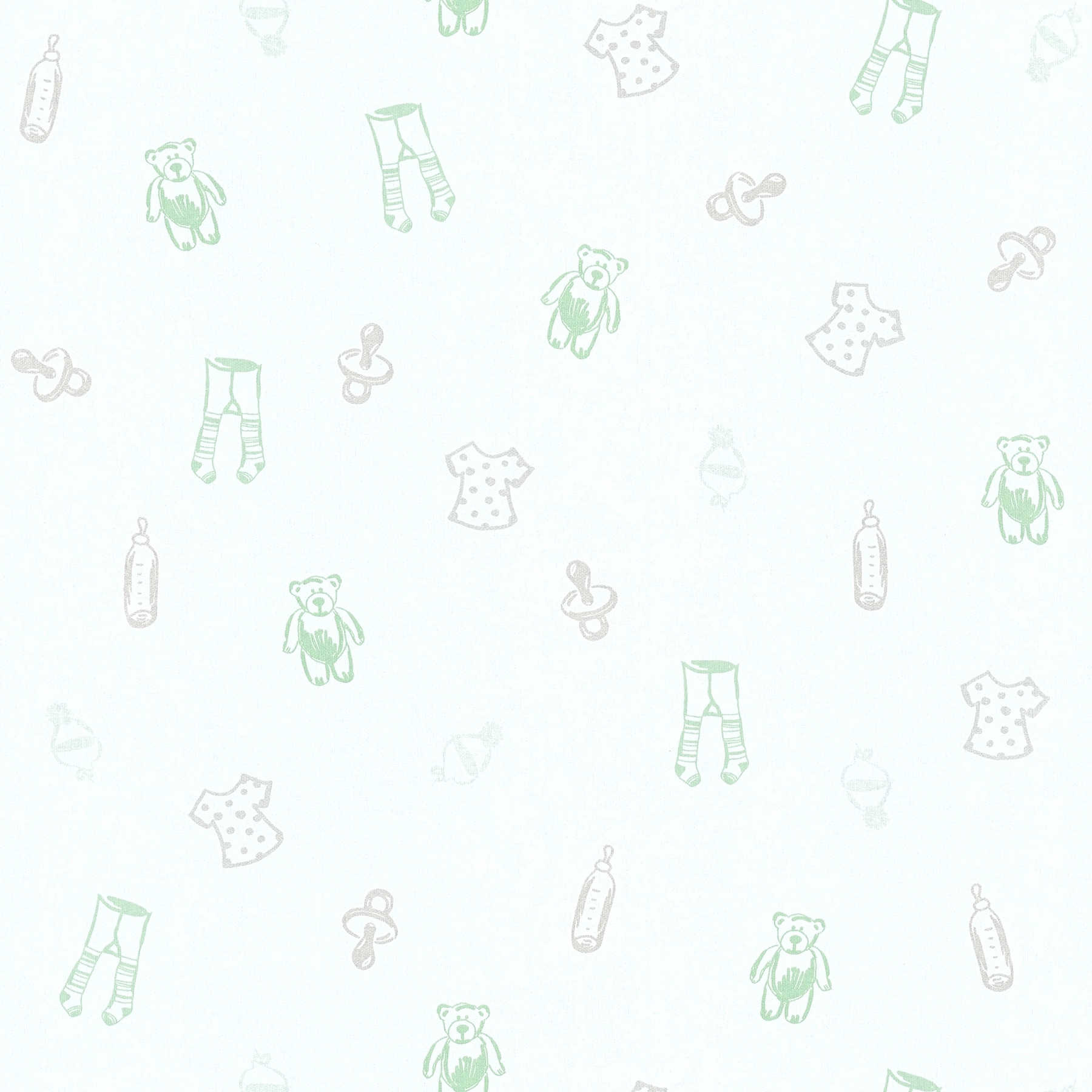         süße Babyzimmer-Tapete mit Kindermuster – Weiß, Grün
    