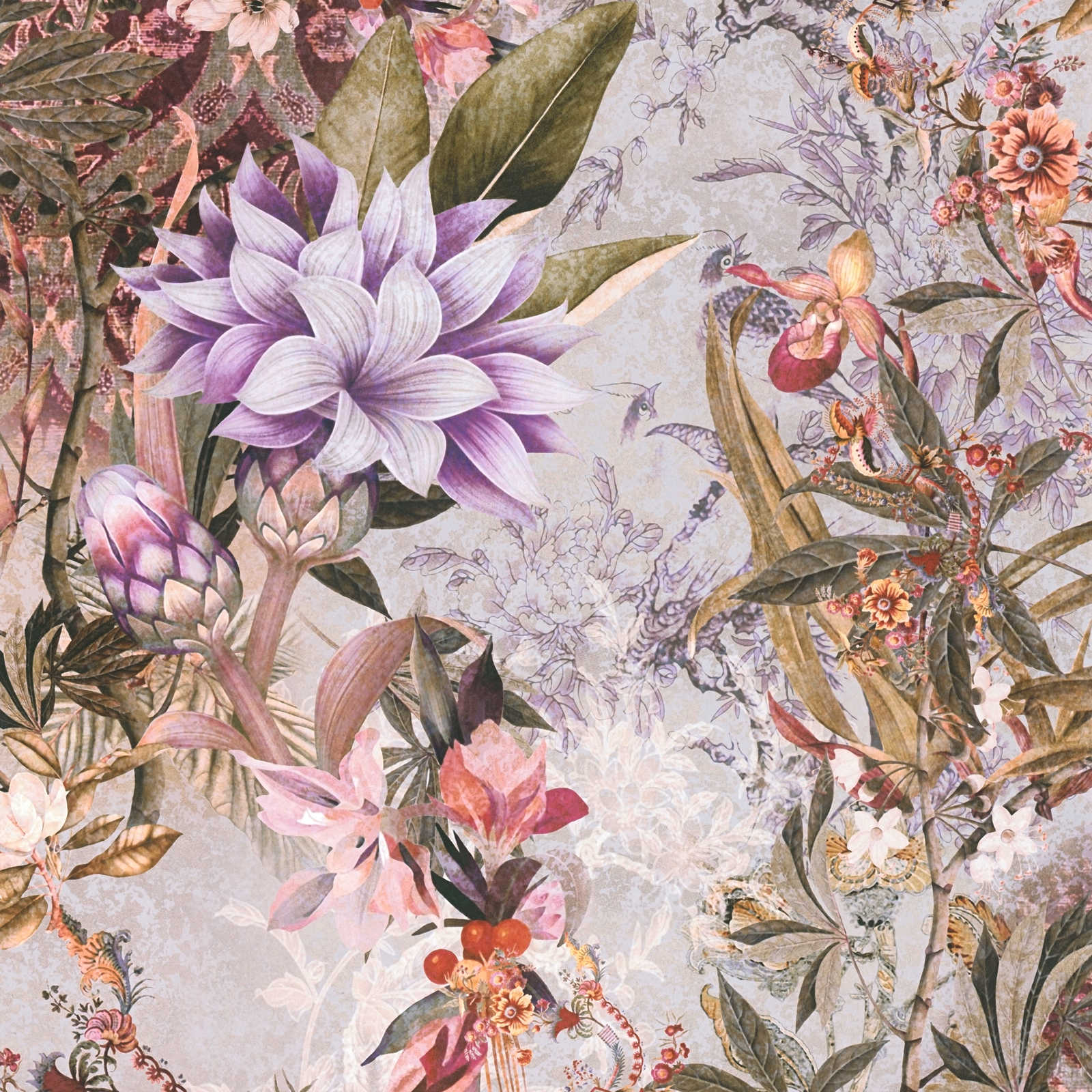 Tapete Blumen Design exotische Blüten – Grün, Violett
