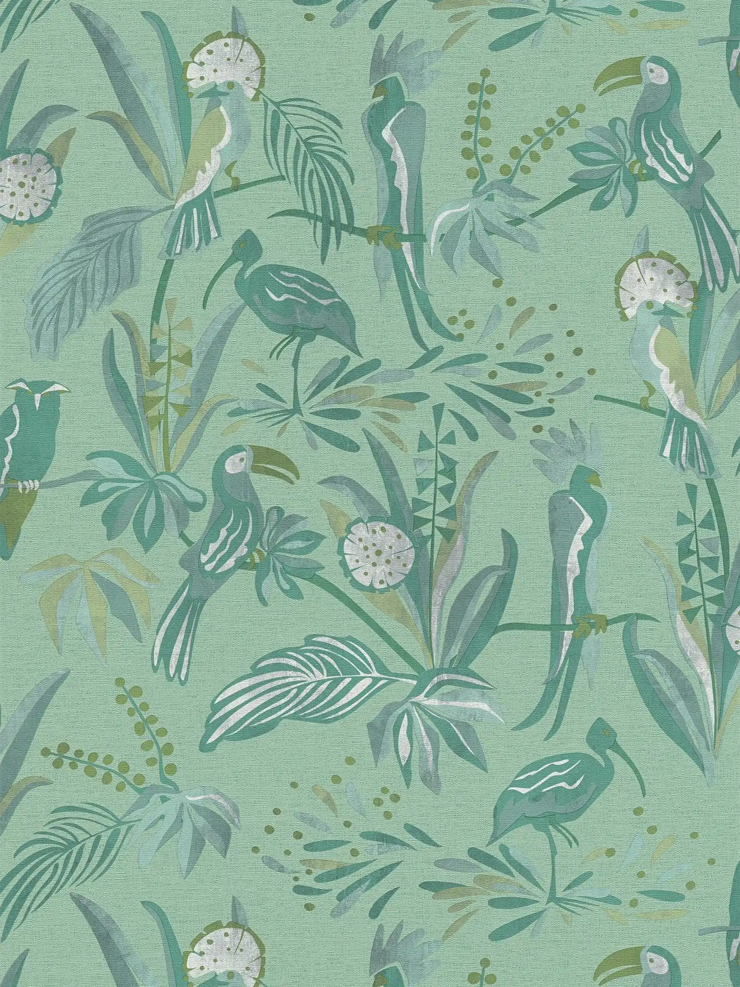 Vliestapete mit Dschungelmotiv Blätter & Vögel – Grün, Grau
