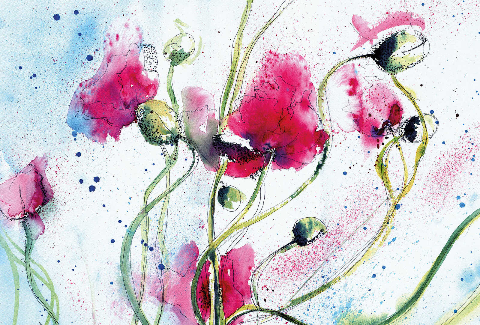 Fototapete Blumen gezeichnet – Rosa, Grün
