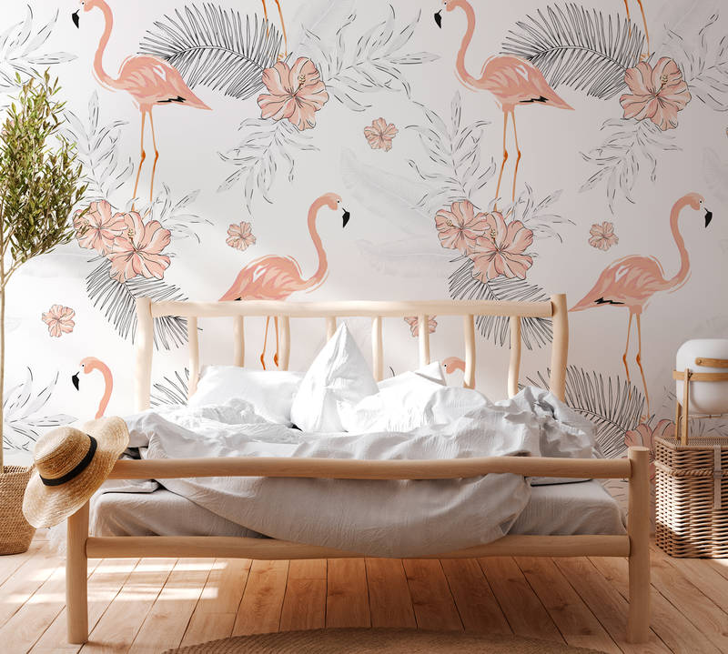             Fototapete Flamingos & Tropenpflanzen – Weiß, Rosa, Grau
        