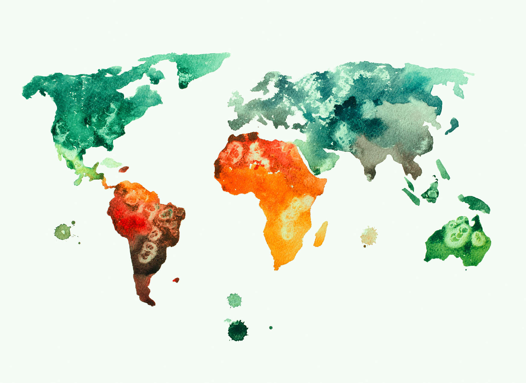             Weltkarten Fototapete Wasserfarben – Bunt, Weiß, Grün
        