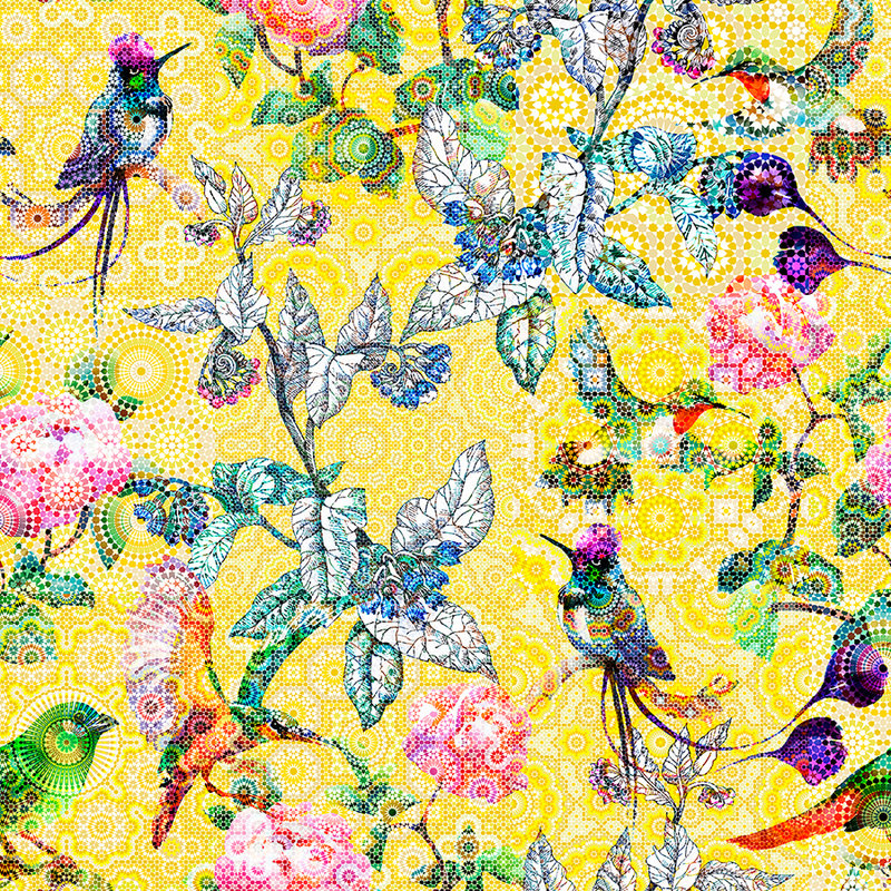         Fototapete exotisches Blumen Mosaik – Gelb, Grün
    