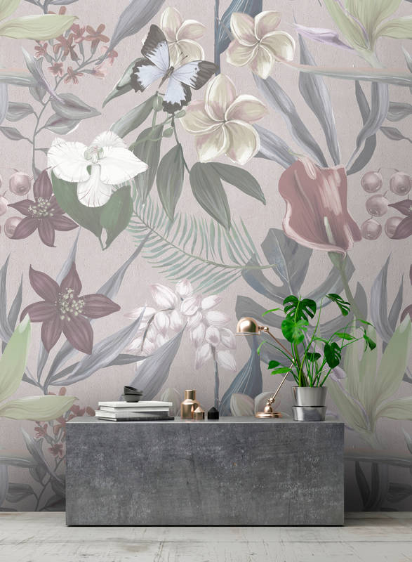            Florale Dschungel Fototapete gezeichnet – Grau, Weiß
        