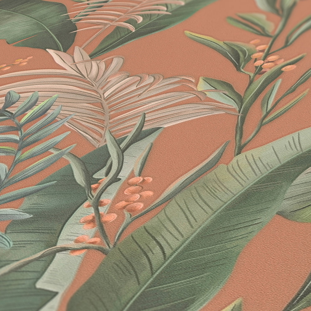             Florale Dschungeltapete mit Blättern matt strukturiert – Orange, Rot, Grün
        