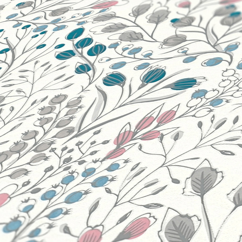             Vliestapete mit floralem Muster im Zeichenstil – Weiß, Rosa, Blau
        