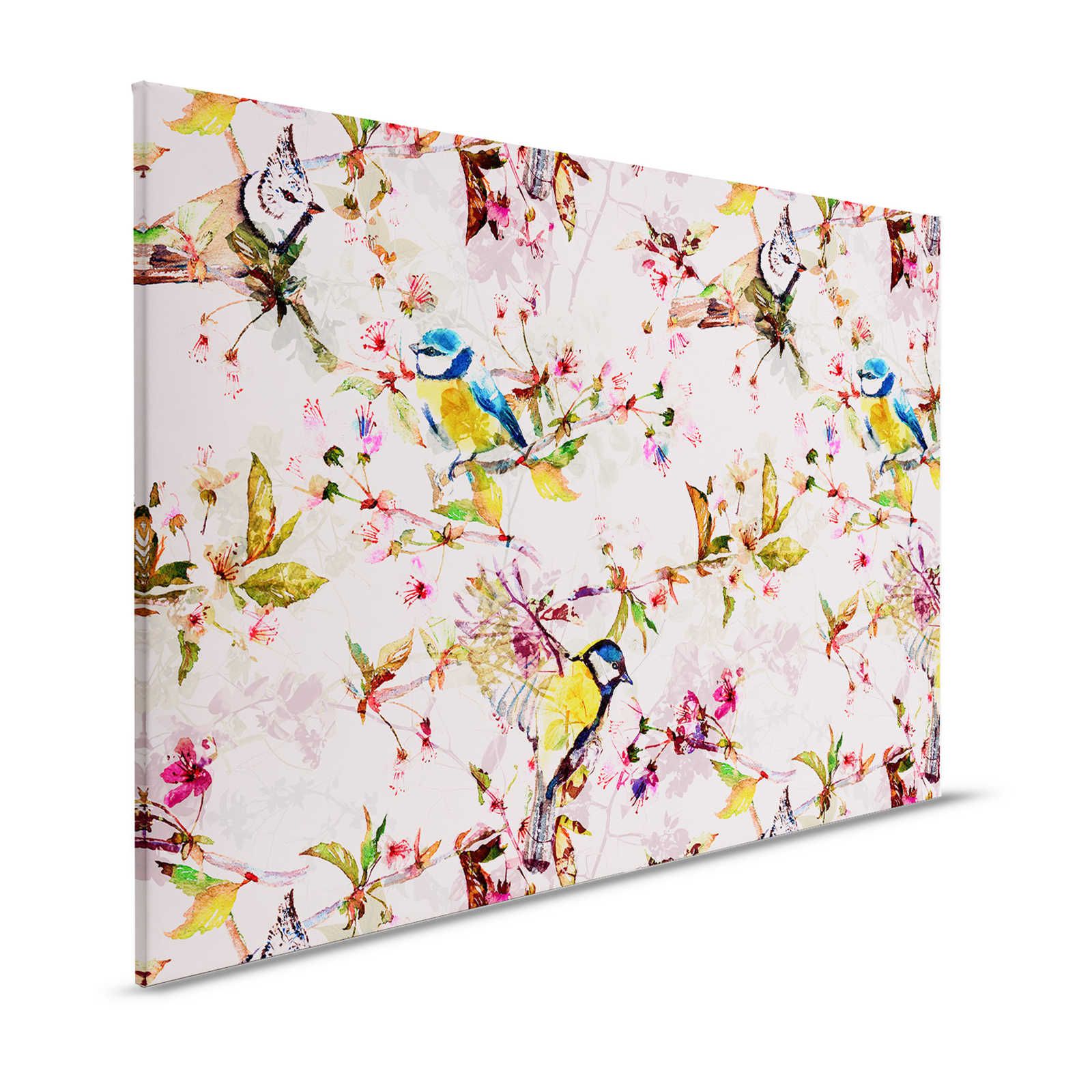 Vögel Leinwandbild im Collage Stil | rosa, gelb – 1,20 m x 0,80 m
